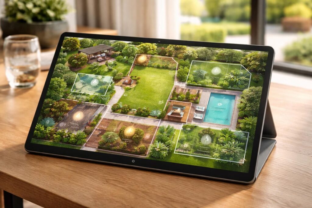 découvrez notre tablette tactile microsoft pour la domotique multi-zones, idéale pour visualiser et contrôler le plan de votre jardin sur grand écran en toute simplicité.