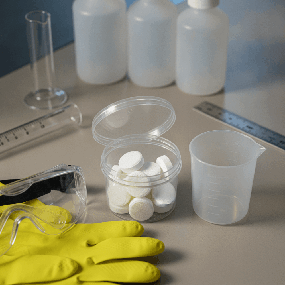 Produits chimiques de désinfection pour cuve avec pastilles de chlore et équipement de protection individuelle