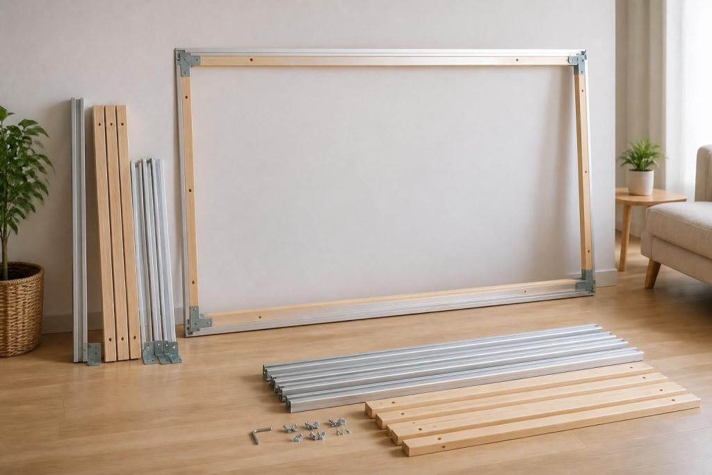 apprenez à fabriquer un cadre démontable en bois et aluminium pour un écran de projection facile à monter, démonter et ranger, idéal pour optimiser votre espace.