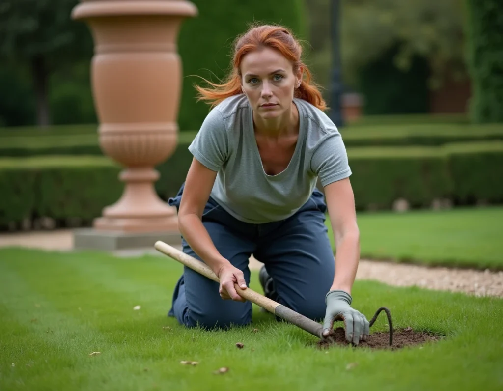 Femme aérant un gazon anglais avec une fourche de jardinage pour améliorer la qualité du sol