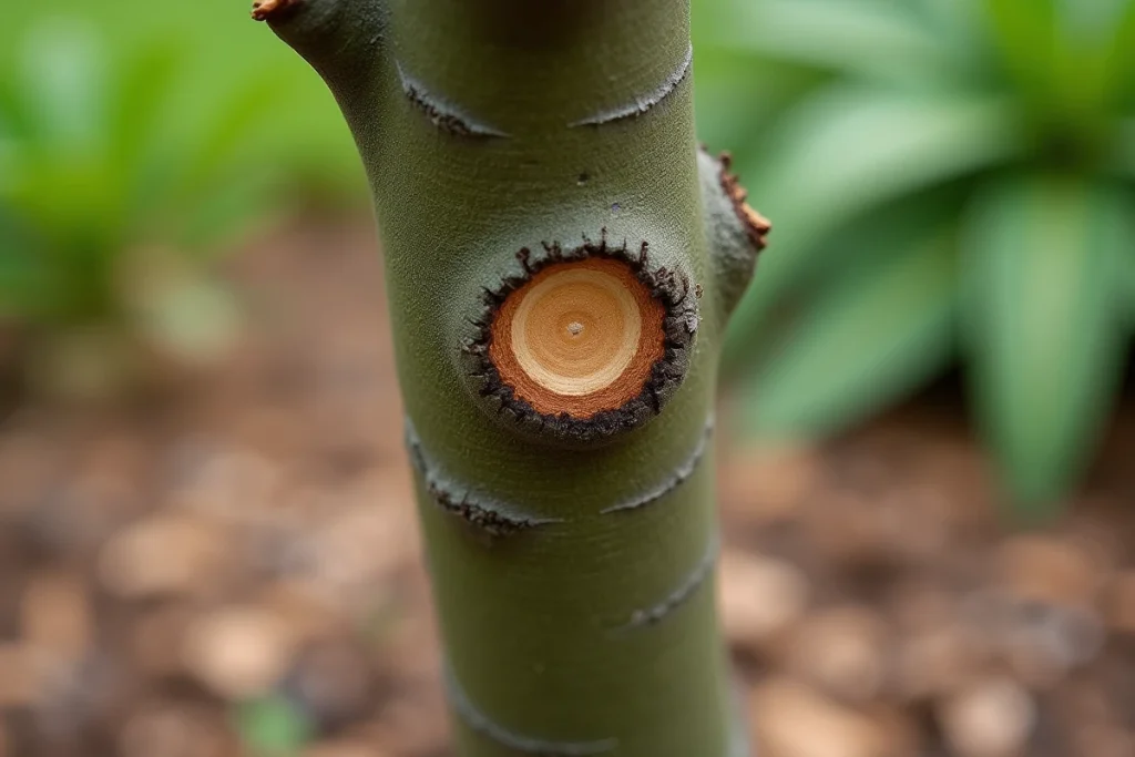 Détail des coupes de taille sur un jeune tronc de prunus avec écorce lisse et bois exposé après élagage