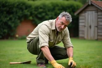 Jardinier inspectant une zone jaune sur un gazon anglais traditionnel dans un jardin de banlieue