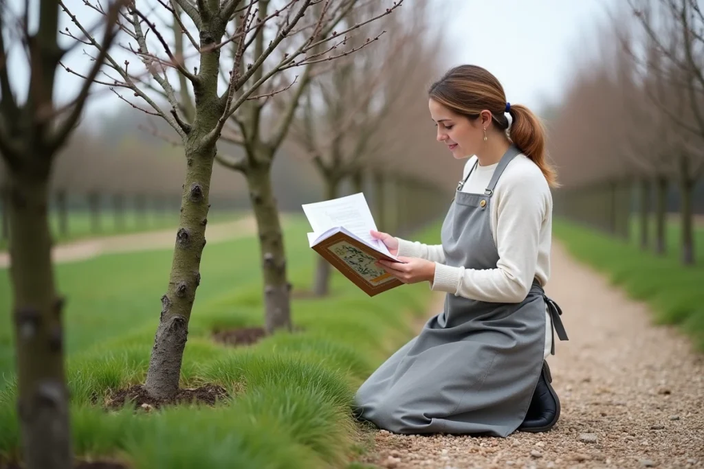 Femme consultant un guide de taille agenouillée devant une rangée de jeunes prunus plantés dans un jardin fruitier au printemps
