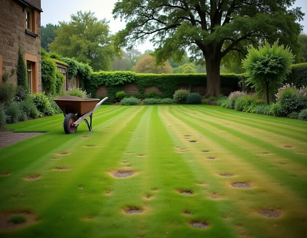 Grand gazon anglais irrégulier avec mousse et zones usées dans un jardin de campagne traditionnel