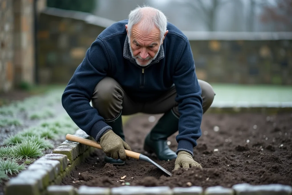 Jardinier âgé préparant un sillon de semis de persil dans un potager légèrement gelé en fin d'hiver