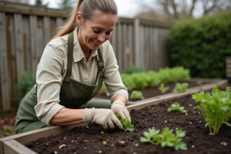 Femme en tablier de jardinage semant des graines de persil dans un potager surélevé au début du printemps