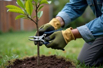 Jardinier taillant un jeune prunus après plantation avec un sécateur dans un jardin résidentiel au printemps