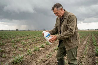 Agriculteur examinant un herbicide Roundup 360 Plus en bordure de champ avant une pluie imminente