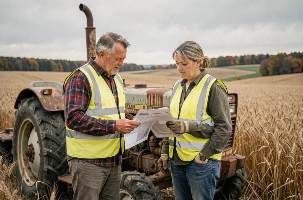 Deux agriculteurs analysant des données de gestion de leur exploitation agricole près d'un tracteur