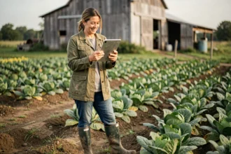 Agricultrice utilisant une application de gestion agricole sur tablette dans ses cultures maraîchères