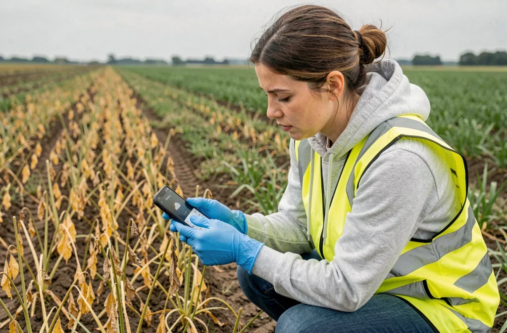 Agronome vérifiant les prévisions météo sur smartphone après traitement herbicide en plein champ