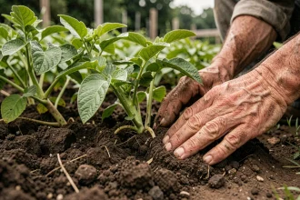 Mains d'un agriculteur testant l'humidité du sol autour d'un plant de pomme de terre avant la récolte