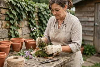 Femme qui prépare une bouture de lilas enveloppée dans de la mousse et du papier kraft sur un établi de jardinage en bois