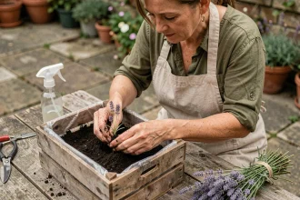 Femme bouturant de la lavande dans un bac en bois récupéré sur une terrasse en pierre rustique