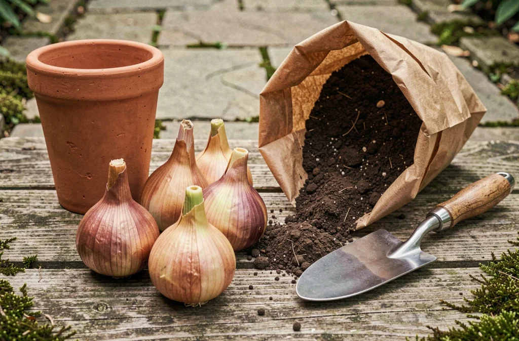 Gros plan sur des bulbes de lys, un pot en argile neuf et du terreau sur une surface en bois patiné pour le rempotage annuel
