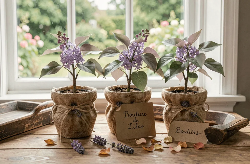 Arrangement cadeau de boutures de lilas en pots enveloppés dans de la toile de jute avec une carte botanique artisanale sur une table en bois