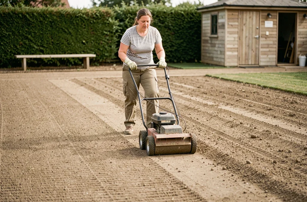 Femme utilisant un rouleau de jardin pour aplanir et compacter le sol avant la pose de gazon en plaques