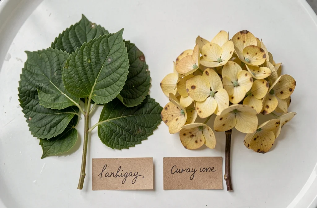 Comparaison côte à côte d'une feuille d'hortensia saine et d'une feuille jaunie ou malade montrant carence et infection fongique