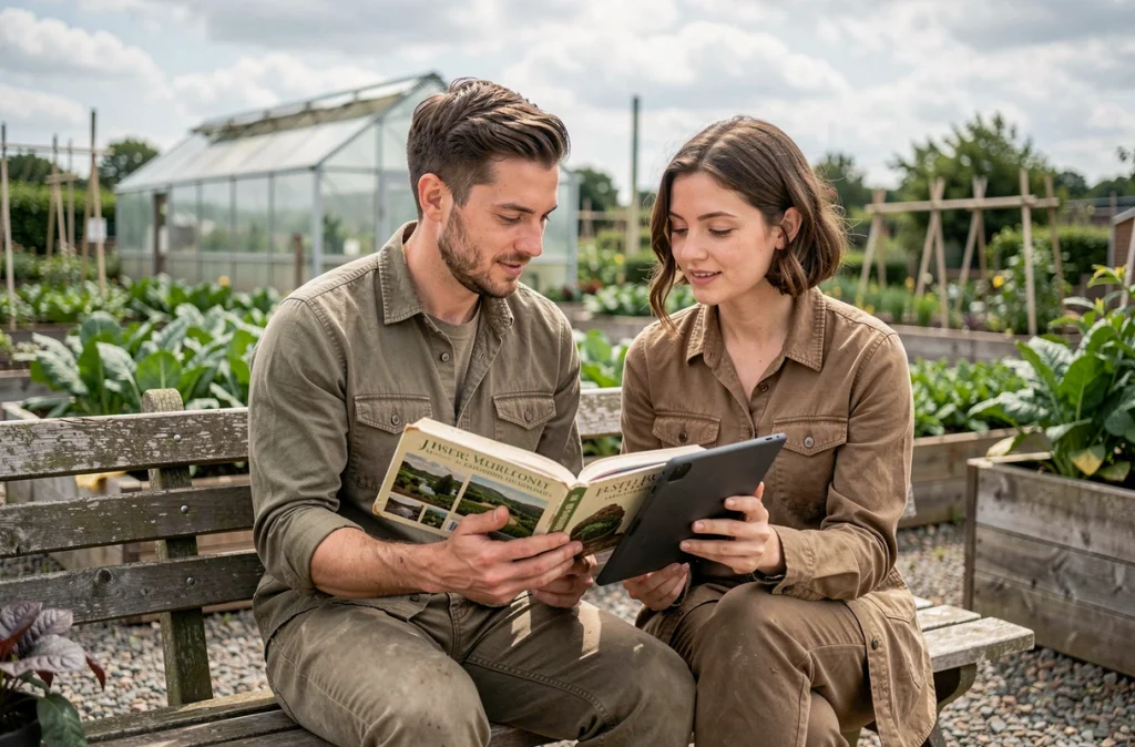 Deux personnes comparant un livre de permaculture et une formation en ligne sur tablette dans un jardin potager communautaire