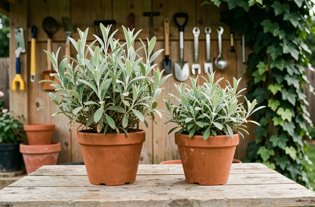 Comparaison avant-après de deux sauges arbustives en pot, l'une taillée l'autre non, sur un établi de jardin