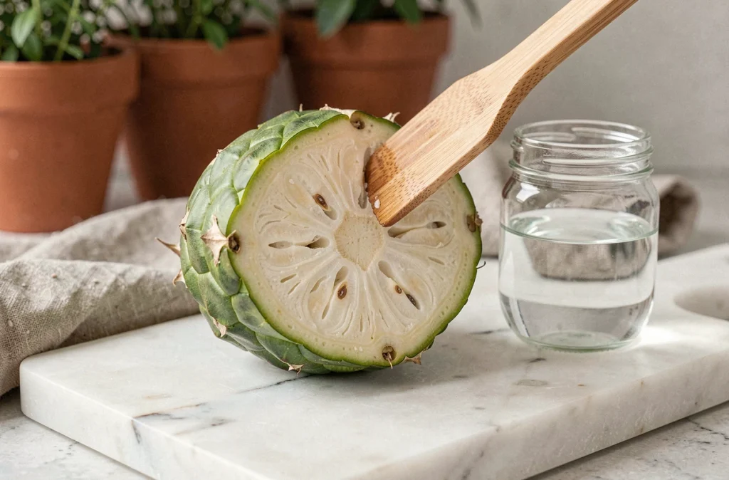 Coupe transversale d'un fruit de ceriman sur marbre blanc montrant la chair crémeuse et les écailles vertes détachées pour accélérer la maturation