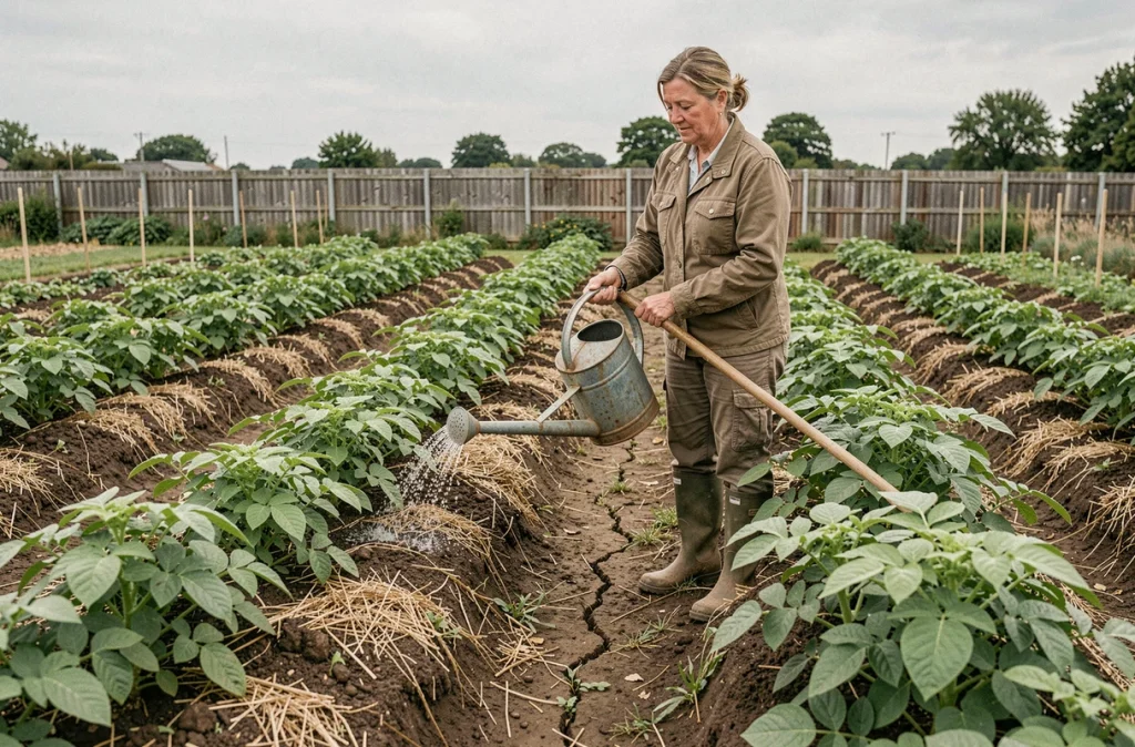 Femme arrosant des rangées de plants de pommes de terre avec un arrosoir dans un potager