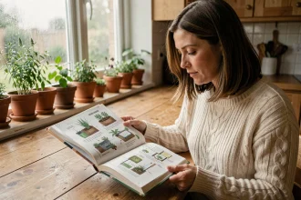 Femme lisant un livre de permaculture à une table en bois dans une cuisine chaleureuse avec des herbes aromatiques en pot