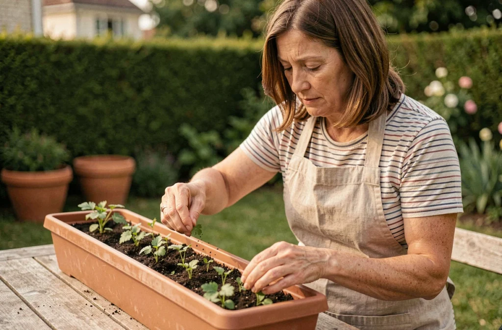 Femme semant des graines de persil en rangs dans une jardinière en bois sur une terrasse de jardin