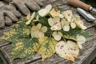 Feuilles d'hortensia jaunissantes montrant des signes de chlorose interveineuse et de carence en fer sur une table de jardin en bois