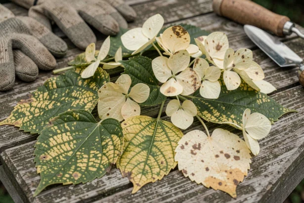Feuilles d'hortensia jaunissantes montrant des signes de chlorose interveineuse et de carence en fer sur une table de jardin en bois