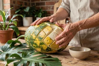 Fruit de ceriman mûr sur une table en bois rustique, femme vérifiant la maturité du fruit avec ses mains dans une cuisine maison