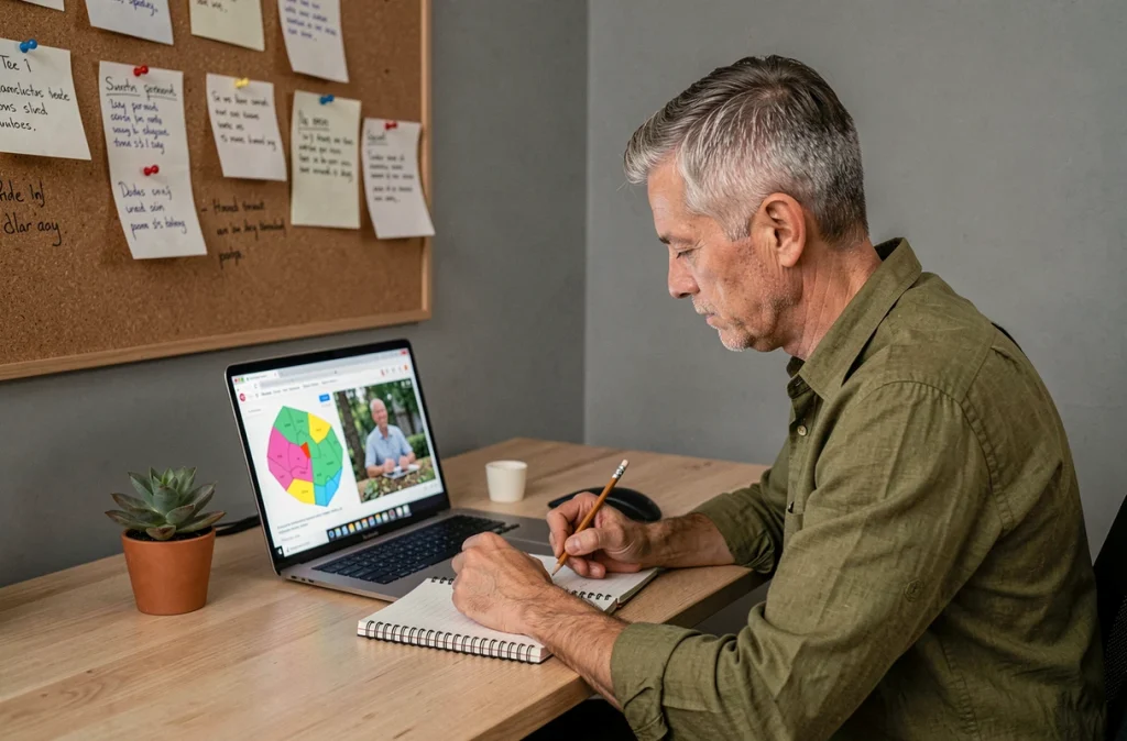 Homme suivant une formation en ligne sur la permaculture sur un ordinateur portable dans un bureau à domicile minimaliste