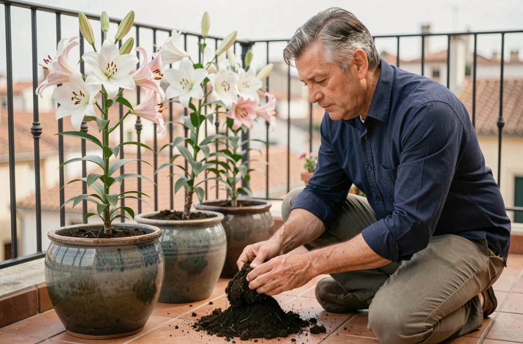 Homme d'âge mûr rempotant des lys en fleurs dans des pots en céramique émaillée sur une terrasse urbaine
