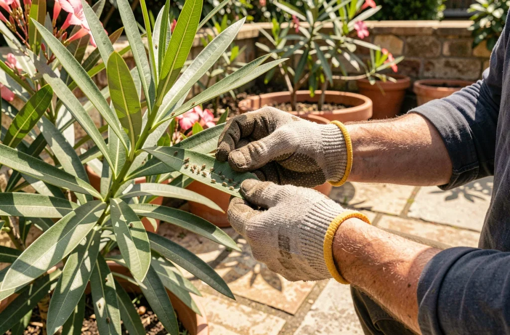 Jardinier inspectant les feuilles de laurier rose pour détecter une infestation de pucerons en été