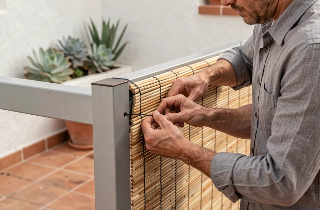 Homme installant une canisse en roseau sur une pergola en aluminium, gros plan sur la fixation avec attaches discrètes, terrasse méditerranéenne