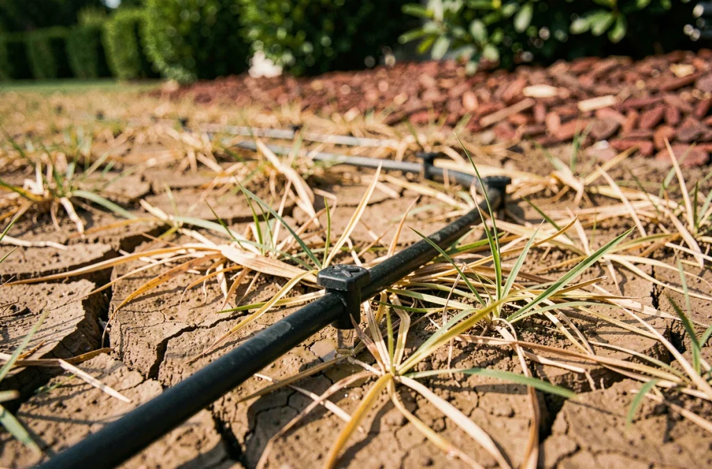 Système d'irrigation goutte-à-goutte installé sur une pelouse sèche et fissurée en période de sécheresse