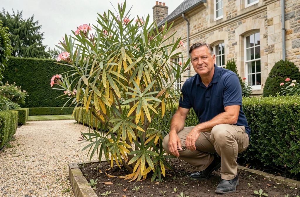 Jardinier examinant un laurier rose au feuillage chlorotique dans un jardin à la française