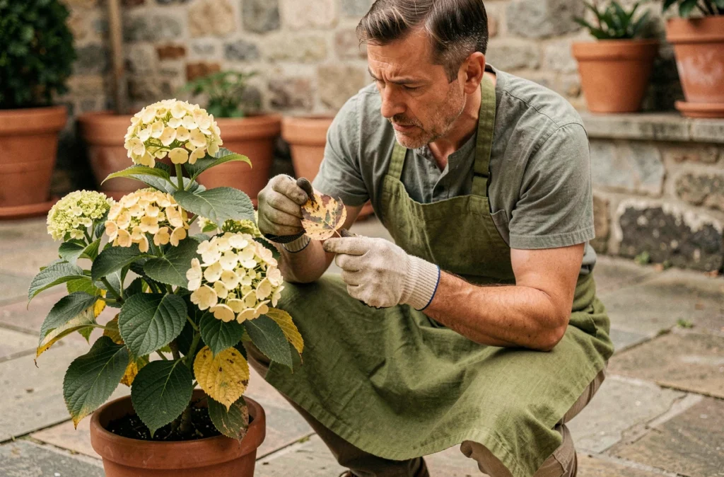 Jardinière examinant les feuilles jaunies et pâles d'un hortensia en pot sur une terrasse en pierre pour diagnostiquer une carence ou maladie