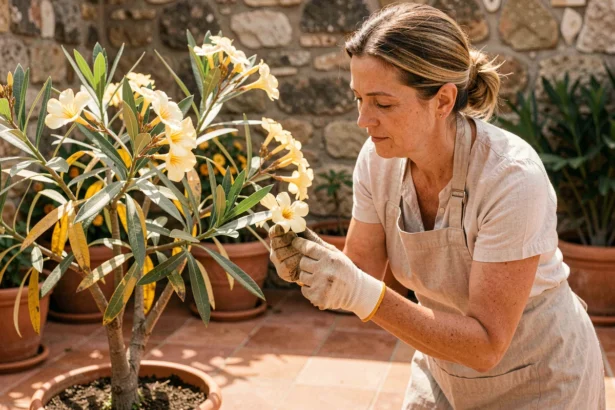 Femme inspectant les feuilles jaunissantes d'un laurier rose en pot sur une terrasse méditerranéenne