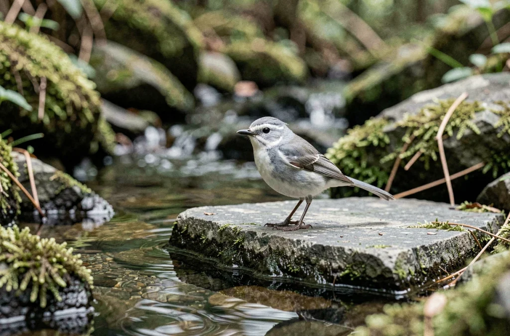 Oiseau gris et blanc au bord d'un ruisseau forestier posé sur une pierre moussue, identification des caractéristiques morphologiques visibles