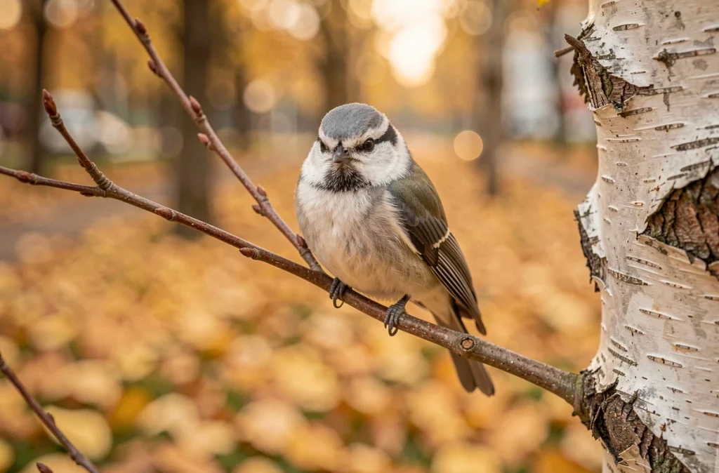 Petit passereau gris et blanc agrippé à une branche de bouleau en automne dans un parc urbain, détails du plumage pour identification précise