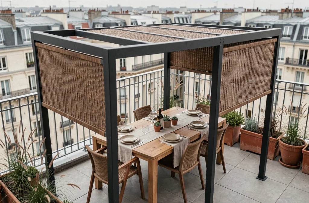 Pergola design en acier noir sur terrasse parisienne avec panneaux de canisse synthétique intégrés, table dressée pour un repas en extérieur