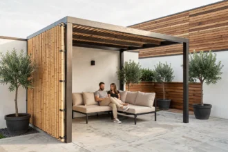 Pergola moderne avec canisse en bambou dans un jardin urbain contemporain, couple se relaxant sous une structure épurée avec sol en béton poli