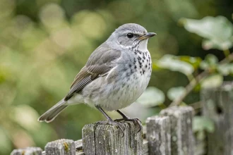 Petit oiseau gris et blanc perché sur un piquet de bois dans un jardin, vue de profil permettant d'identifier son plumage distinctif