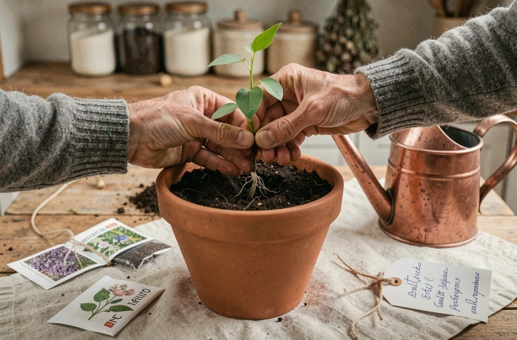 Mains d'un jardinier plantant une bouture de lilas enracinée dans un pot en terre cuite avec une étiquette botanique artisanale