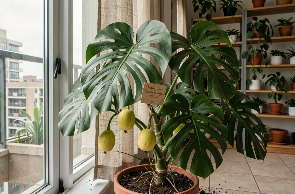 Plante ceriman en intérieur avec plusieurs fruits à différents stades de maturité près d'une fenêtre lumineuse dans un appartement
