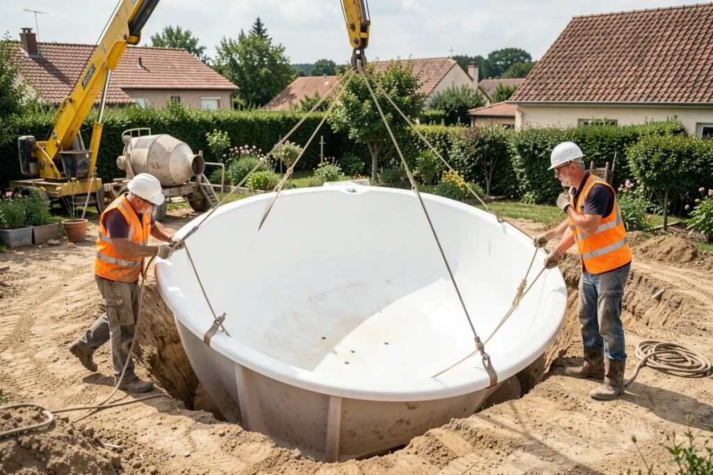 Pose d'une coque de piscine en fibre de verre par une grue dans une fouille de jardin