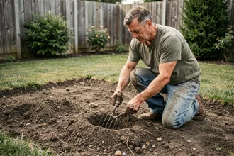 Homme préparant le sol d'un jardin en retournant la terre avec une fourche avant la pose de gazon en plaques
