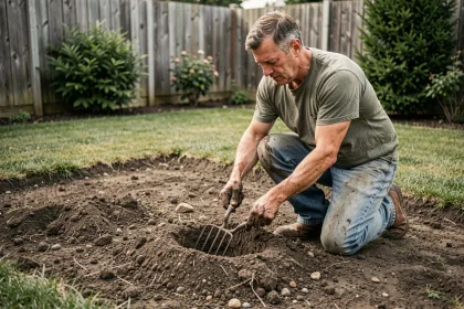 Homme préparant le sol d'un jardin en retournant la terre avec une fourche avant la pose de gazon en plaques