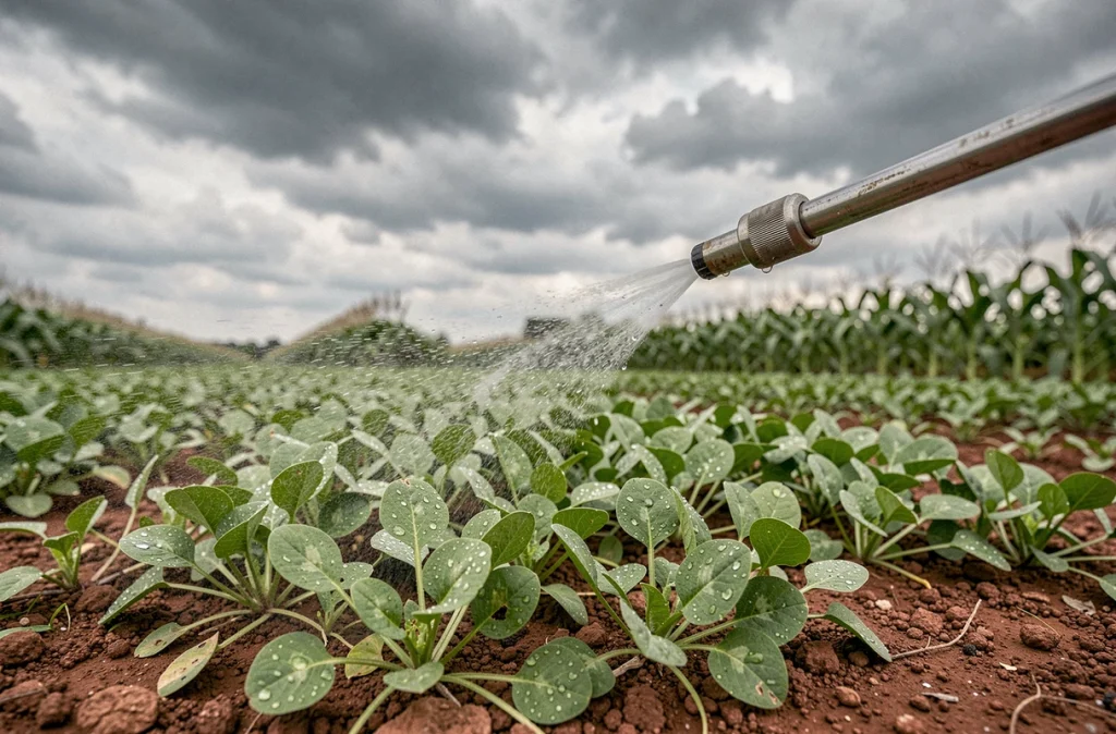 Buse de pulvérisation d'herbicide sur des mauvaises herbes avec ciel nuageux menaçant la pluie